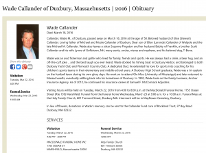 wade callander of Duxbury, MA Obituary
